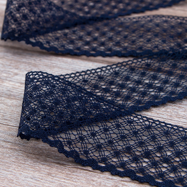 Мерсеризованное хлопковое кружево, 50 мм, цвет темно-синий. Арт 2040/9S