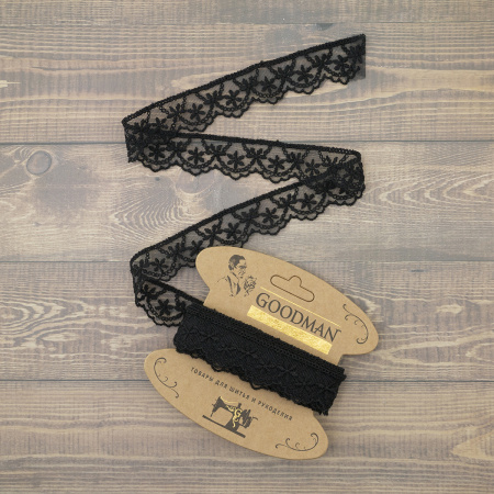 Кружево-вышивка на тюле, 28 мм, цвет черный, 100% полиэстер, 3,5 м. Арт T-1910.13