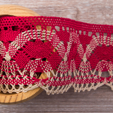 Мерсеризованное хлопковое кружево, 55 мм, цвет бордовый с бежевым. Арт 1854/R4