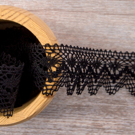 Мерсеризованное хлопковое кружево, 35 мм, цвет черный. Арт 3201/14                 