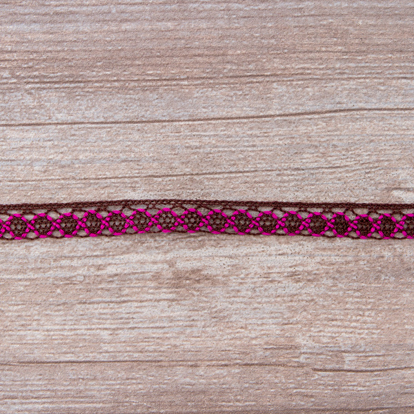 Мерсеризованное хлопковое кружево, 13 мм, цвет коричневый с фуксией. Арт 3155/Q9