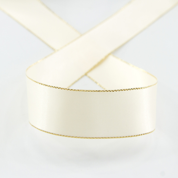Лента атласная SAFISA с люрексным кантом по краям, 25 мм, 25 м, цвет 56, кремовый. Арт 25190-25мм-56