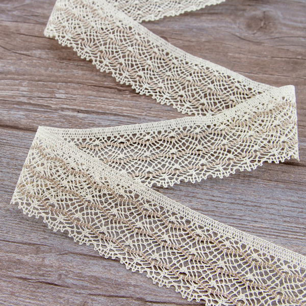 Мерсеризованное хлопковое кружево, 35 мм, цвет сливочный с бежевым. Арт 1888/R0