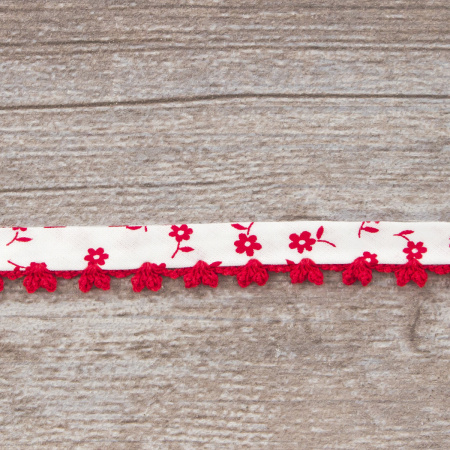 Косая бейка с фестонным краем, 14 мм, цвет белый с красным. Арт 244135/1