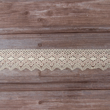 Мерсеризованное хлопковое кружево, 60 мм, цвет сливочный/светло-сиреневый. Арт 1424/X3