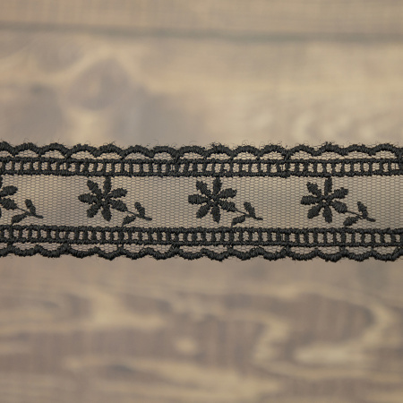 Кружево-вышивка на тюле, 30 мм, цвет черный, 100% полиэстер, 4,5 м. Арт T-3006.13