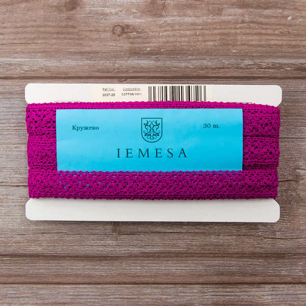 Мерсеризованное хлопковое кружево, 20 мм, цвет цикламеновый. Арт 3037/25                 