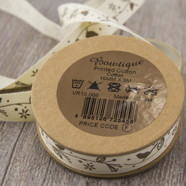 Лента хлопковая на картонной мини-катушке "Птички на ветке". Арт VR15.066