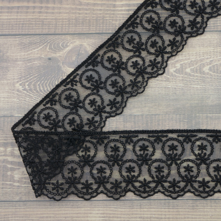 Кружево-вышивка на тюле, 63 мм, цвет черный, 100% полиэстер, 3,5 м. Арт T-1909.13
