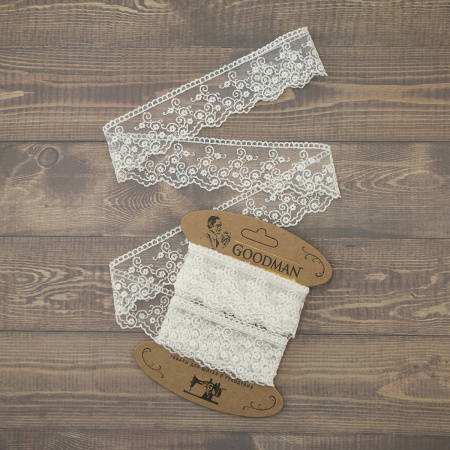 Кружево-вышивка на тюле, 42 мм, цвет молочный, 100% полиэстер, 3,5 м. Арт T-2443.112