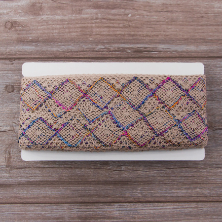 Мерсеризованное хлопковое кружево, 50 мм, цвет бежевый с сиренево-желто-розовым. Арт 1403/A5                 