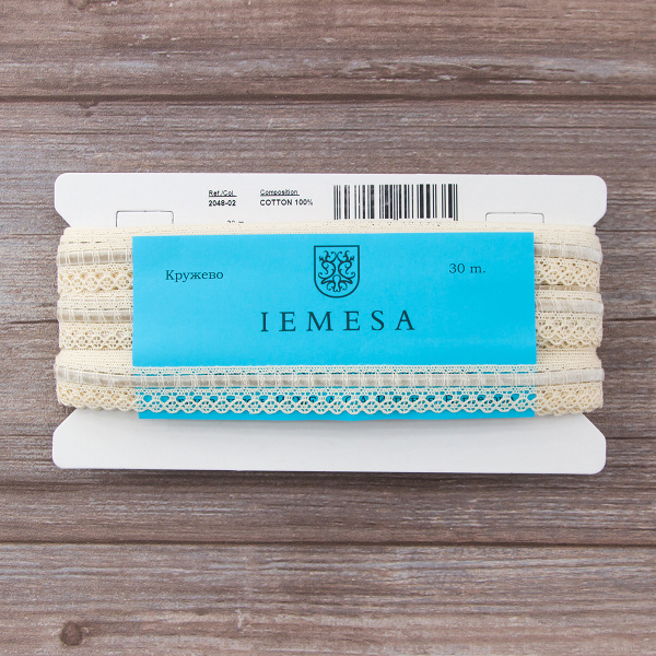 Мерсеризованное хлопковое кружево с бархатной лентой, 17 мм, цвет сливочный. Арт 2048/02