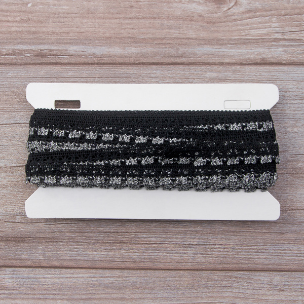 Мерсеризованное хлопковое кружево, 15 мм, цвет черный с серым. Арт 3247/R8                 