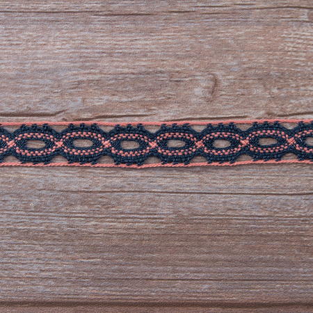 Мерсеризованное хлопковое кружево, 20 мм, цвет морской волны с пыльно-розовым. Арт 1826/R6                 