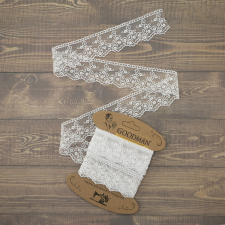 Кружево-вышивка на тюле, 42 мм, цвет белый, 100% полиэстер, 3,5 м. Арт T-2443.212