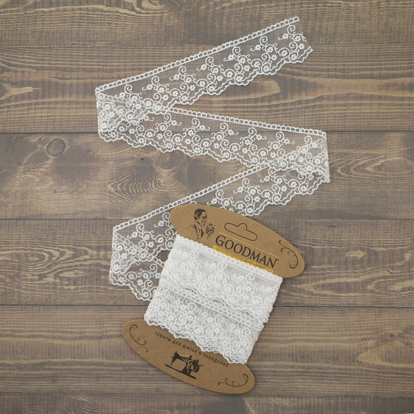 Кружево-вышивка на тюле, 42 мм, цвет белый, 100% полиэстер, 3,5 м. Арт T-2443.212