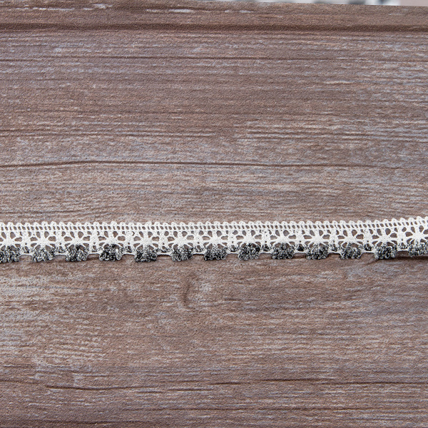 Мерсеризованное хлопковое кружево, 15 мм, цвет белый с темно-серым. Арт 3247/R7