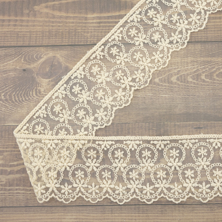 Кружево-вышивка на тюле, 63 мм, цвет бежевый, 100% полиэстер, 3,5 м. Арт T-1909.371