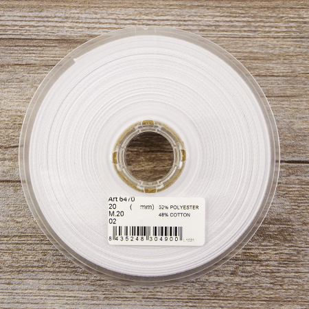Косая бейка хлопок/полиэстер, 20 мм, 20 м, цвет 02, белый. Арт 6470-20мм-02   
