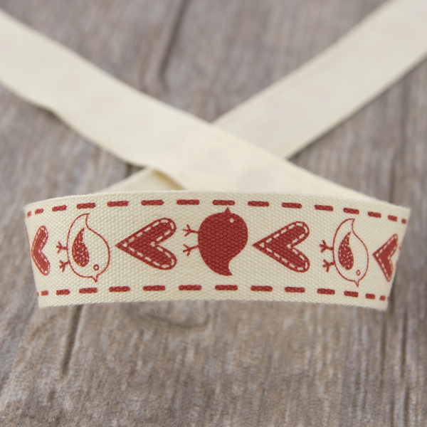 Лента хлопковая на картонной мини-катушке "Птички и подарки". Арт VR15.003