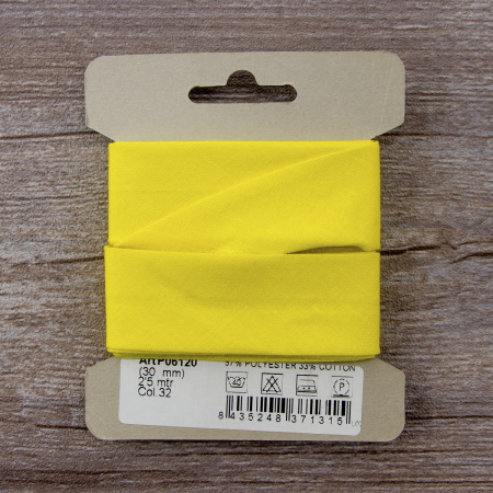 Косая бейка хлопок/полиэстер на блистере, 30 мм, 2,5 м, цвет 32, желтый. Арт P06120-30мм-32          