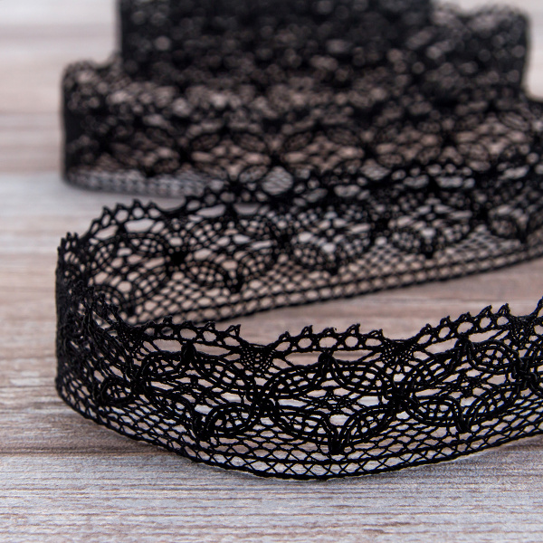 Мерсеризованное хлопковое кружево, 35 мм, цвет черный. Арт 2222/14