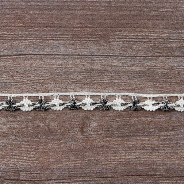 Мерсеризованное хлопковое кружево, 13 мм, цвет белый с серым. Арт 3615/R7                 