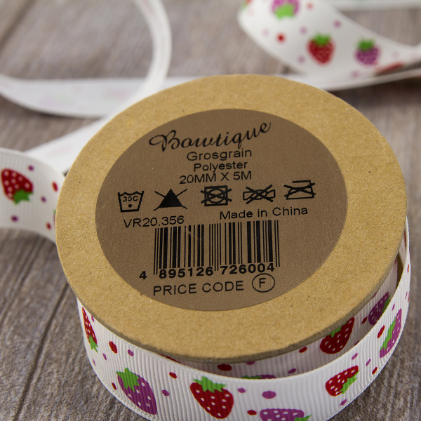 Лента репсовая на картонной мни-катушке  "Клубнички". Арт VR20.356