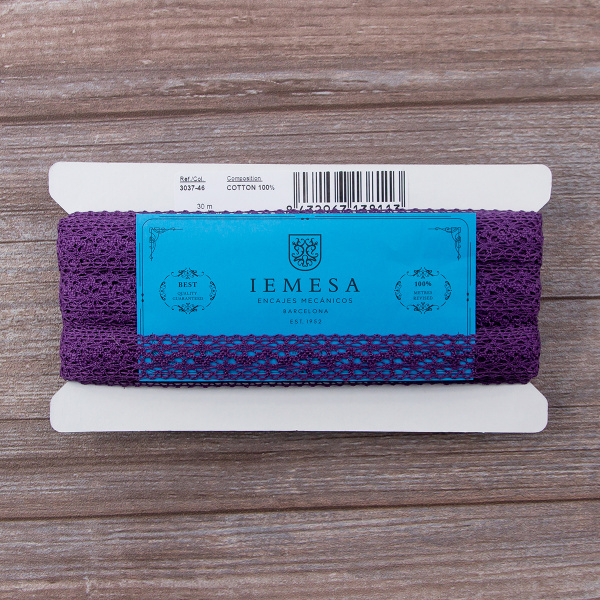 Мерсеризованное хлопковое кружево, 20 мм, цвет темно-лавандовый. Арт 3037/46                 