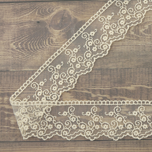 Кружево-вышивка на тюле, 42 мм, цвет бежевый, 100% полиэстер, 3,5 м. Арт T-2443.371