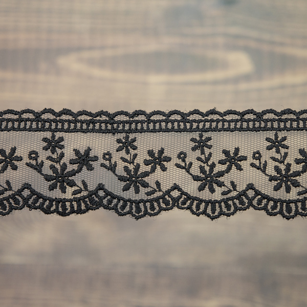 Кружево-вышивка на тюле, 40 мм, цвет черный, 100% полиэстер, 4,5 м. Арт T-3004.13