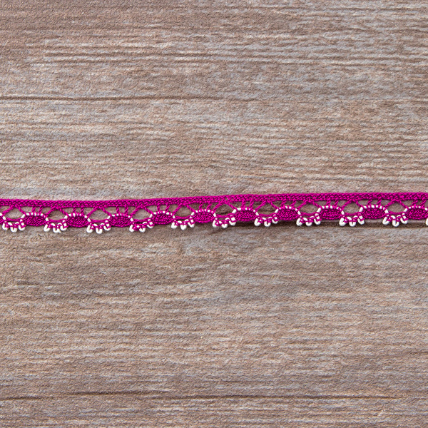 Мерсеризованное хлопковое кружево, 10 мм, цвет цикламеновый с белым. Арт 3480/G7