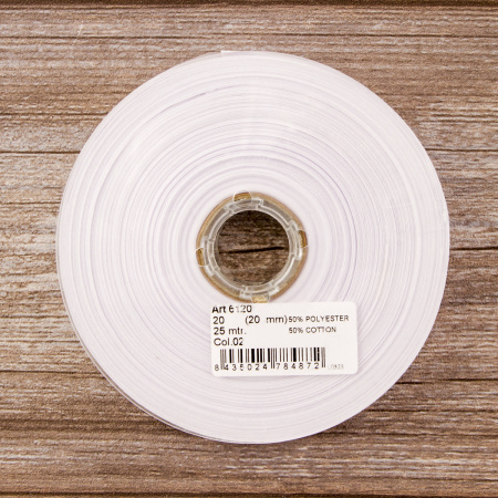 Косая бейка хлопок/полиэстер 20 мм, 25 м, цвет 02, белый. Арт 6120-20мм-02            