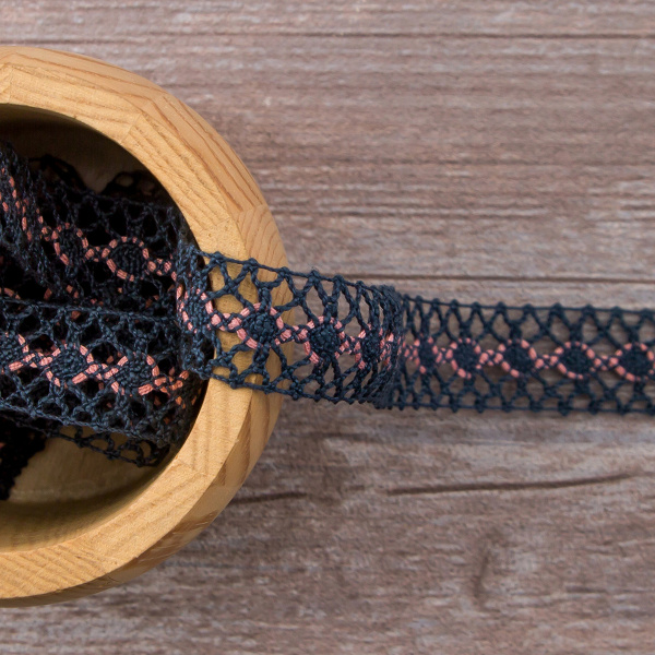 Мерсеризованное хлопковое кружево, 20 мм, цвет морской волны с пыльно-розовым. Арт 1825/R6                 