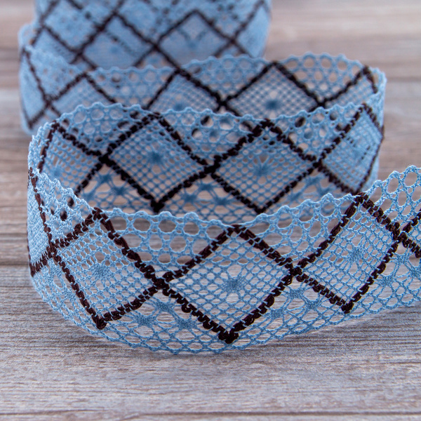 Мерсеризованное хлопковое кружево, 50 мм, цвет голубой с черным. Арт 1403/R2                 
