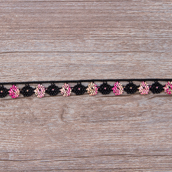 Мерсеризованное хлопковое кружево, 13 мм, цвет черный с бежево-розовым. Арт 3615/B4