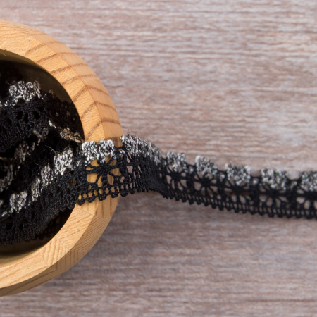 Мерсеризованное хлопковое кружево, 15 мм, цвет черный с серым. Арт 3247/R8                 