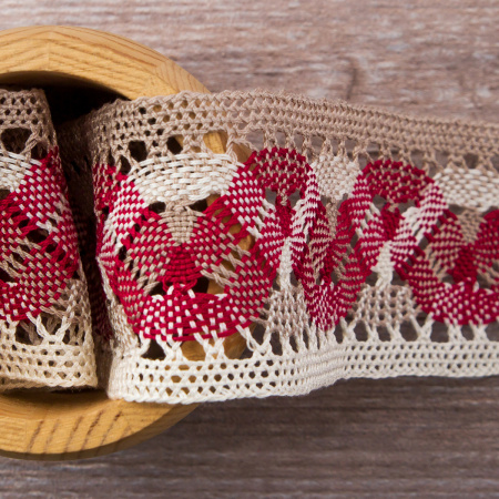 Мерсеризованное хлопковое кружево, 55 мм, цвет экрю/бежевый/бордо. Арт 1855/D4