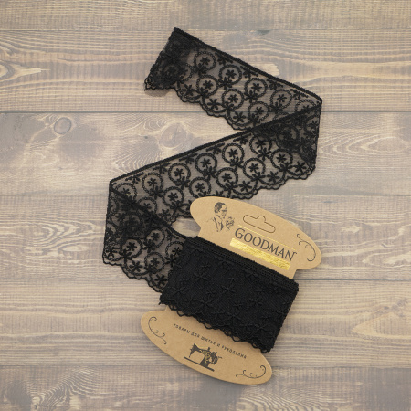 Кружево-вышивка на тюле, 63 мм, цвет черный, 100% полиэстер, 3,5 м. Арт T-1909.13