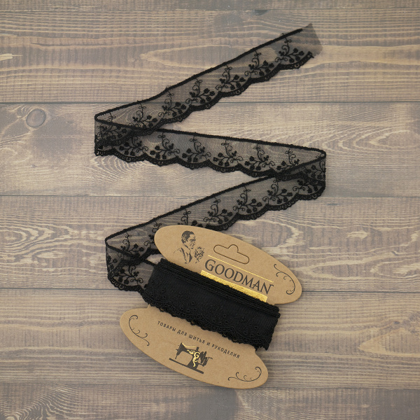 Кружево-вышивка на тюле, 32 мм, цвет черный, 100% полиэстер, 3,5 м. Арт T-30115.13