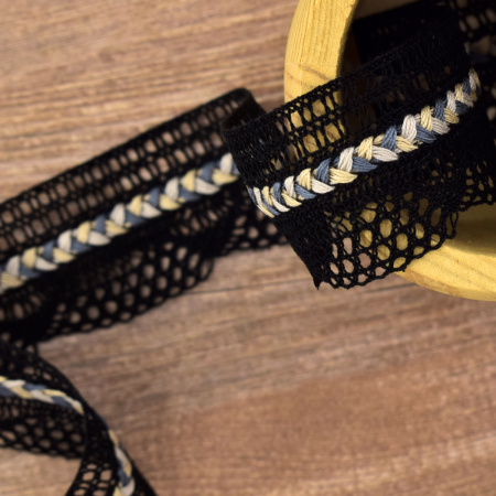 Мерсеризованное хлопковое кружево, 35 мм, цвет чёрный. Арт 2196/14