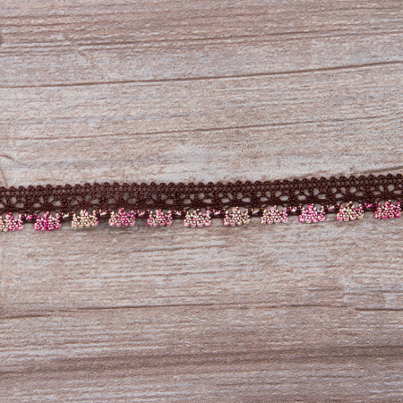 Мерсеризованное хлопковое кружево, 15 мм, цвет коричневый с розово-бежевым. Арт 3247/B5                 