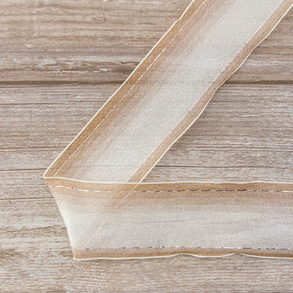 Лента органза с рисунком с проволокой по краю SAFISA, цвет бежевый, 50 мм, 15 м. Арт 25167-50мм-01            