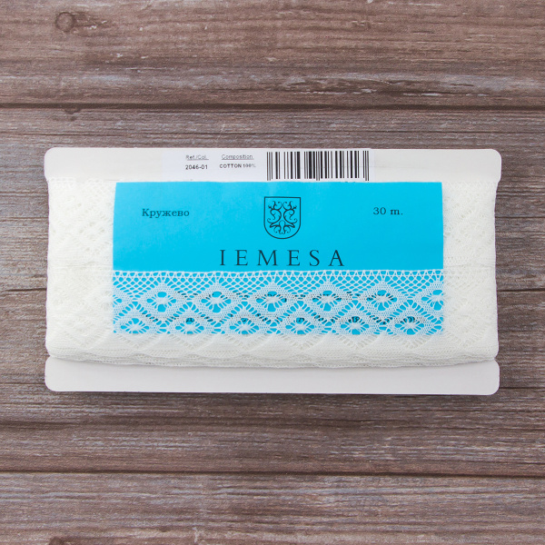 Мерсеризованное хлопковое кружево, 35 мм, цвет белый. Арт 2046/01