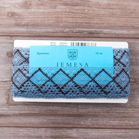 Мерсеризованное хлопковое кружево, 50 мм, цвет голубой с черным. Арт 1403/R2                 