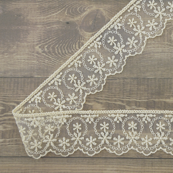 Кружево-вышивка на тюле, 45 мм, цвет бежевый, 100% полиэстер, 3,5 м. Арт T-1281.371