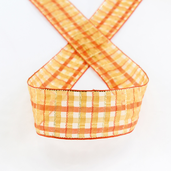 Лента органза с рисунком клетка SAFISA, 38 мм, 15 м, цвет 02, оранжевый. Арт 25216-38-02              
