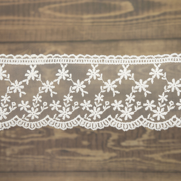 Кружево-вышивка на тюле, 65 мм, цвет белый, 100% полиэстер, 4,5 м. Арт T-3005.212