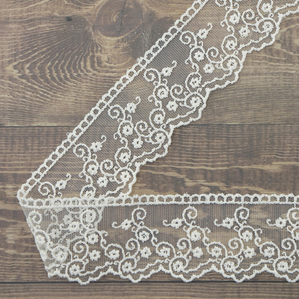 Кружево-вышивка на тюле, 42 мм, цвет молочный, 100% полиэстер, 3,5 м. Арт T-2443.112