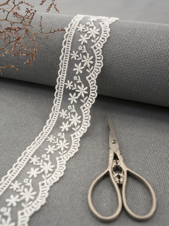 Кружево-вышивка на тюле, 40 мм, цвет молочный, 100% полиэстер, 4,5 м. Арт T-3004.112